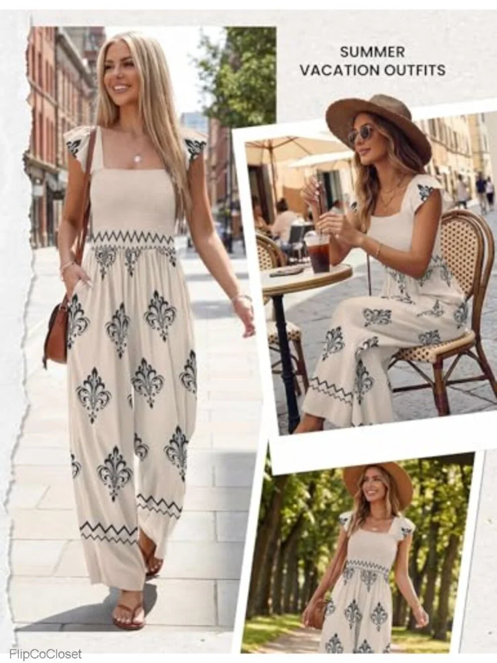Women's Smocked Floral Boho Jumpsuit Wide Leg Summer Vacation Outfit